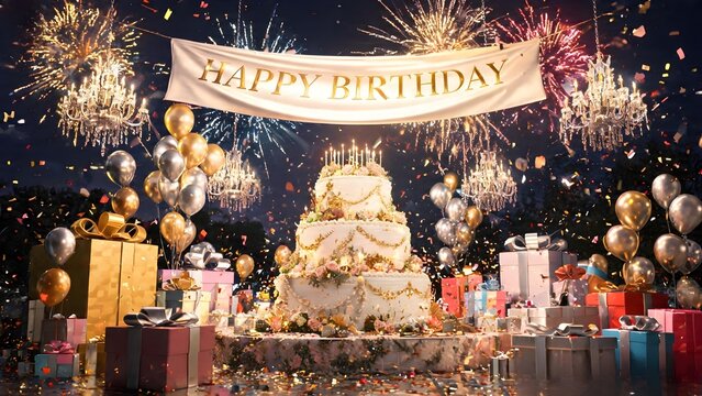 Festive birthday party decorations multiple balloons grand tiered cake bright golden fireworks explosion.