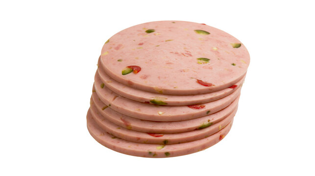 Stack of round mortadella slices with green and red pieces