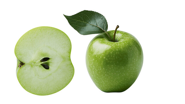 Whole green apple with leaf and half apple slice showing seeds