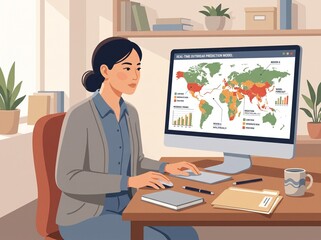 Fototapeta premium A woman sits at a desk focused on her computer that shows a map of the world with highlighted regions. She works on analyzing data related to outbreak predictions