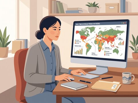 A woman sits at a desk focused on her computer that shows a map of the world with highlighted regions. She works on analyzing data related to outbreak predictions
