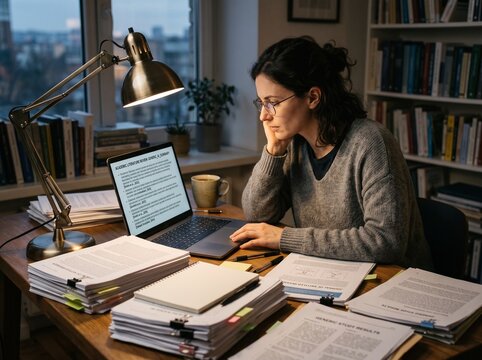 A student sits at a wooden table in a room filled with books and a warm lamp. She focuses on her laptop while many papers are spread around her. It is late at night