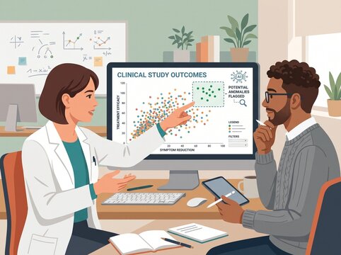 A doctor explains clinical study outcomes to a patient in a medical office. Charts and graphs are displayed on a screen. The doctor gestures toward the data while the patient listens