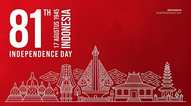 81st Indonesia Independence Day Banner with Cultural Landmarks Line Art on Red Background