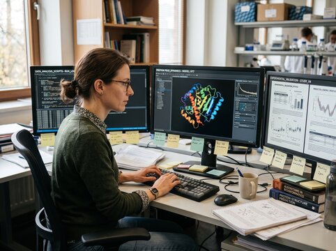 A person sits at a desk in a laboratory. There are two computer monitors displaying colorful data graphics. Papers and notes are organized around the workspace