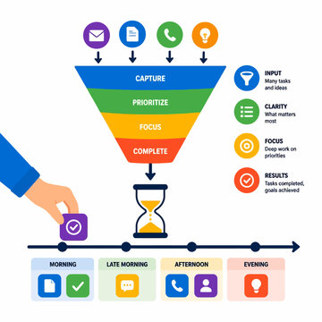 Business productivity funnel infographic showing time management workflow and task prioritization process.