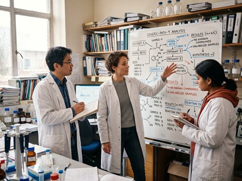 Three scientists engage in a discussion about their research results. They analyze data on a whiteboard in a laboratory filled with equipment. Samples are on the tables around them