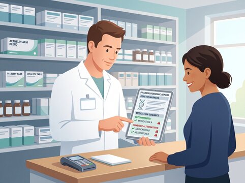 A pharmacist shows a medication report to a patient in a pharmacy. The patient listens and looks at the report while standing at the counter. Shelves are filled with various medicine