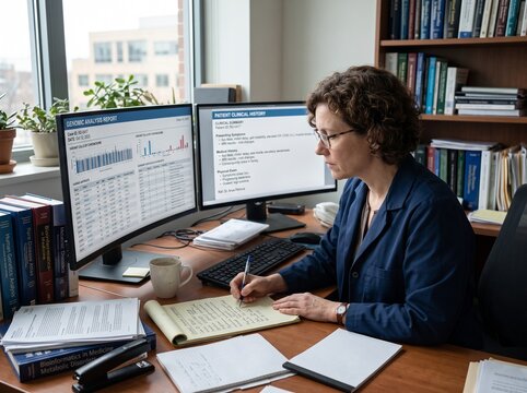 A person works at a desk in an office. They analyze data on computer screens and take notes on paper. The workspace has books and plants, showing a blend of technology and nature