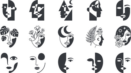 Obraz premium Abstract Minimal Face Logo Collection with Geometric Portraits Botanical Elements Celestial Symbols and Modern Feminine Branding Vector Illustration Set