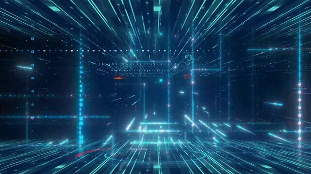 Digital infrastructure abstraction showcases a high-speed data transfer tunnel with illuminated blue geometric patterns.