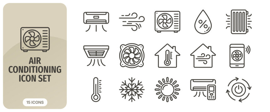 Air conditioning icon set, thin line style, vector illustration, hvac system symbols for web and mobile app