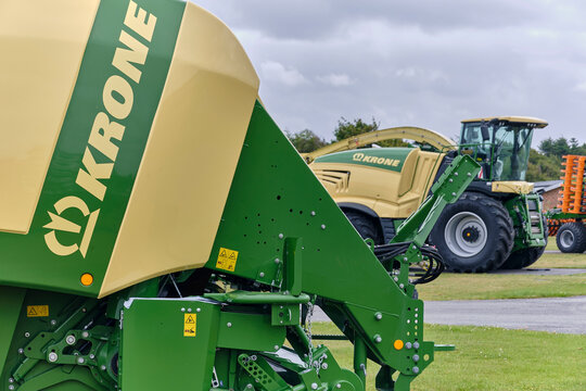 Agricultural mechanization and modern farming equipment Krone Big Pack bale press in Brons Syddanmark Denmark food production farm machinery