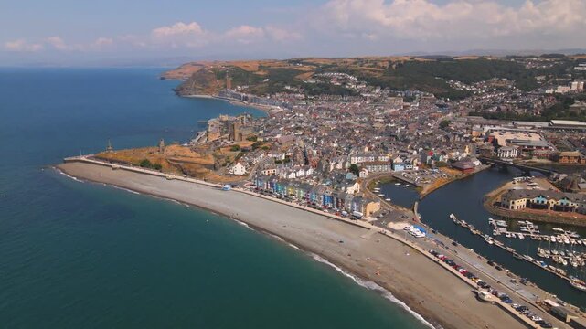 Aberystwyth coastline harbor beach and town aerial panorama view