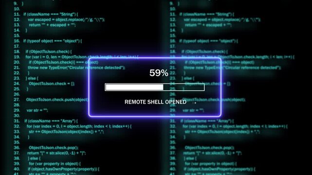 High-tech cyber security interface featuring a dynamic progress loading bar and remote shell access command line code execution for advanced software development, digital hacking, and network