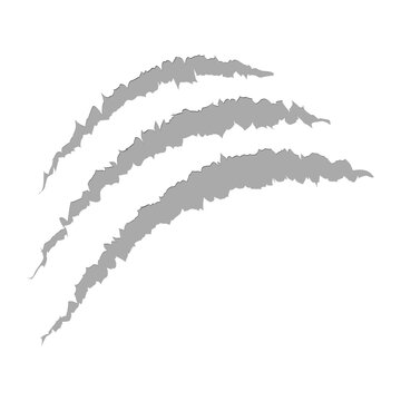 Single black claw mark vector graphic. Isolated slash scratch silhouette depicting wild animal beast attack, dinosaur tear, or monster gouge. Rough damaged surface cut icon in flat minimalist style. E