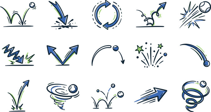 Hand Drawn Arrow and Ball Physics Motion Icon Set with Bouncing Reflection Rotation Spiral and Impact Symbols for Physics Infographics and Game Development Designs