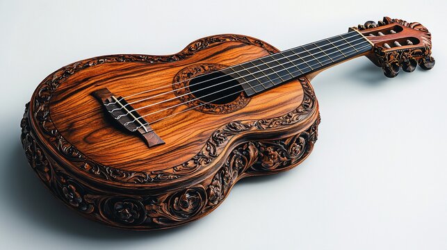 Intricate carved wooden guitar, studio shot, light background, musical instrument