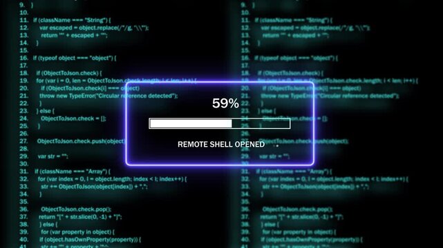 Dynamic cyber security interface featuring remote shell access progress bar overlaid on scrolling software source code background, for advanced programming, data processing, and, network hacking