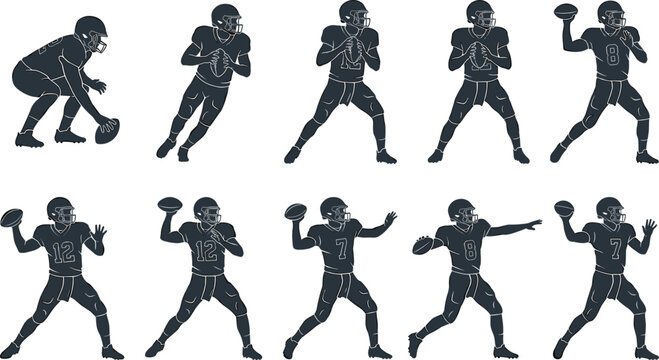 American Football Quarterback Silhouette Collection with Passing Throwing Running Snap and Offensive Game Action Poses Vector Illustration Set