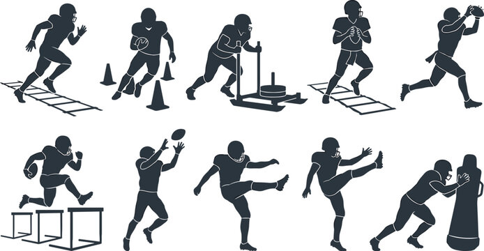 American Football Training Drill Silhouette Collection with Agility Ladder Sled Push Catching Tackling Hurdles and Practice Action Poses Vector Illustration Set