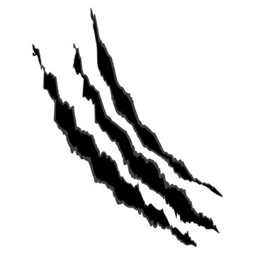 Single black claw mark vector graphic. Isolated slash scratch silhouette depicting wild animal beast attack, dinosaur tear, or monster gouge. Rough damaged surface cut icon in flat minimalist style. E