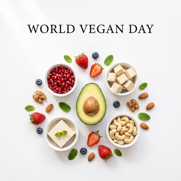 A variety of vegan foods arranged in a circular pattern. Includes avocado, nuts, tofu, berries, and leafy greens. Celebrates World Vegan Day.