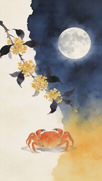 Artistic Chinese watercolor illustrating Qiufen Autumn Equinox with a bright full moon, yellow osmanthus flowers, and a red crab.