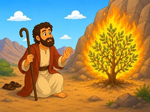 AI generated Moses and the burning bush biblical story illustration