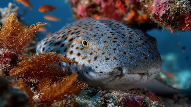 Close-up view of a spotted leopard shark resting on the sandy bottom among colorful coral and marine plants in a vibrant blue.