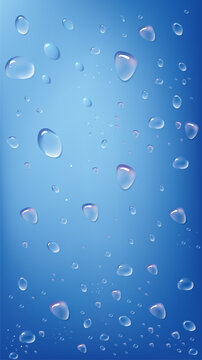 Realistic water droplets and condensation bubbles on a vibrant blue gradient background.