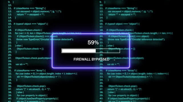 Dynamic cyber security interface featuring a glowing progress bar and firewall bypassed notification overlaid on scrolling blue programming code for advanced network intrusion and digital hacking