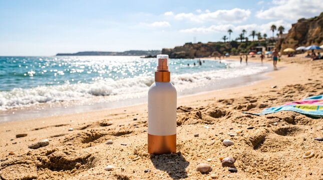 Sunscreen spray bottle on sandy beach. Skincare product for summer sun protection.