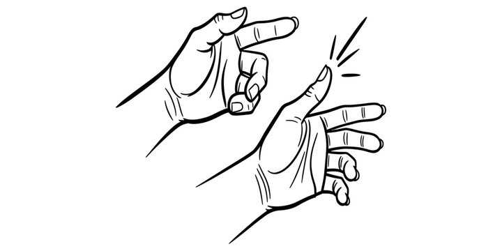 Two human hands snapping fingers gesture black and white line art drawing Vector, illustration