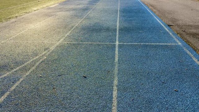 Blue Running Track with White Lane Lines in Evening Light