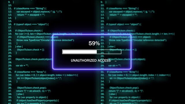 Cyber security breach alert featuring unauthorized access warning message with progress bar loading on digital screen displaying complex programming source code for network hacking and data theft