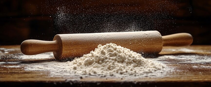 Flour, rolling pin, wooden surface, baking