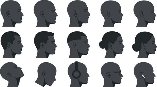 Diverse Human Side Profile Collection with Male Female Portrait Avatars Modern Hairstyles Headphones Glasses and Minimal Face Vector Illustration Set