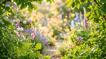 Fototapeta premium Enchanting garden path surrounded by colorful blooming flowers and greenery with soft golden hour sunlight and bokeh effect