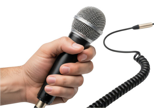 Hand holding microphone with cord isolated on transparent background