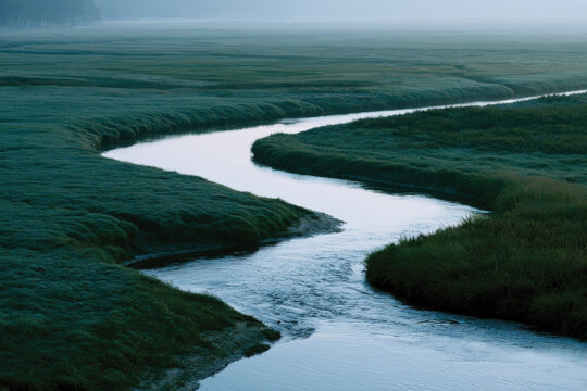 A tranquil river gently flowing through vibrant green landscapes, illustrating the peaceful coexistence of water and nature in a serene and picturesque setting.