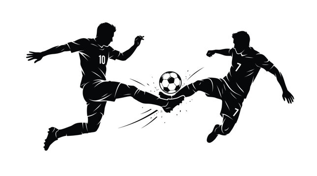 Adobe Illustrator ArtworkTwo energetic soccer players competing for a ball in a dynamic black and white action silhouette