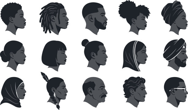 Diverse Human Side Profile Collection with Multicultural Men Women Traditional Headwear Modern Hairstyles and Portrait Avatar Icons Vector Illustration Set