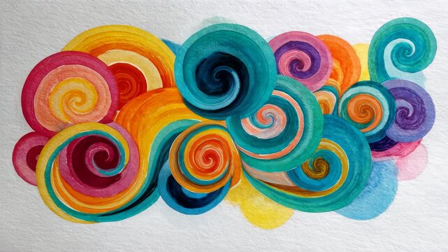 Colorful abstract watercolor swirls in vibrant hues of red, orange, yellow, blue, and green create a dynamic flow across the canvas in a visually engaging composition