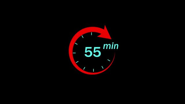 Animated 55 minute countdown timer with red circular progress arrow and digital clock face for presentations, time management tutorials, productivity tracking, and broadcast media