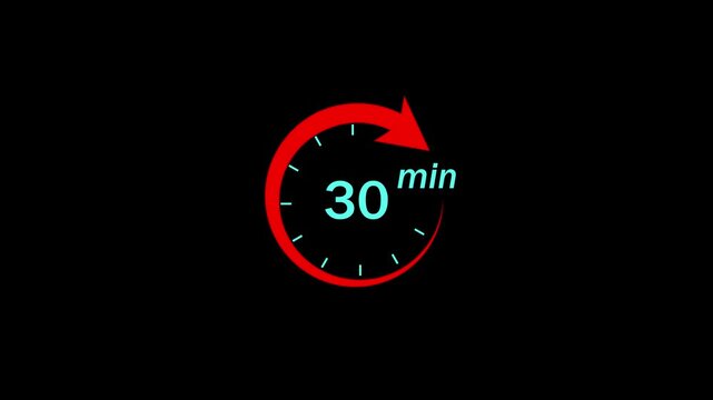 Animated 30 minute countdown timer with red circular progress arrow and digital clock interface for time management, productivity tracking, and efficient workflow presentation media