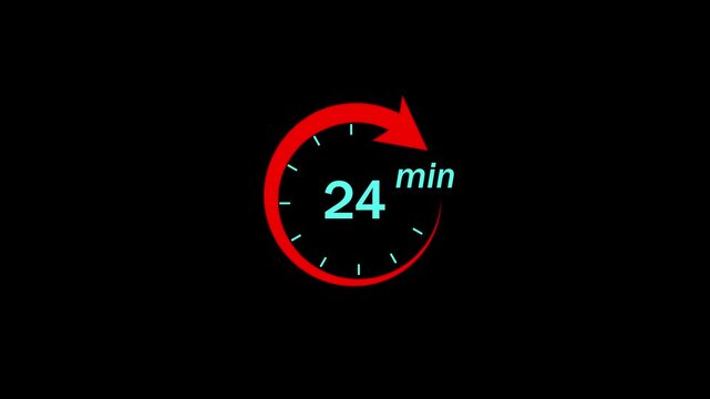 24 minute timer countdown motion with red circular arrow indicator and digital clock display for time management, productivity tracking, and efficient workflow presentations