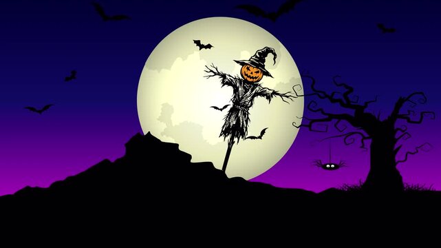 Halloween scarecrow silhouette against full moon a spooky with a pumpkin head stands on a hill in front of a giant