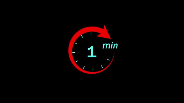 One minute timer countdown clock animation with red circular progress indicator and minimalist digital typography for time management, productivity, and business presentation
