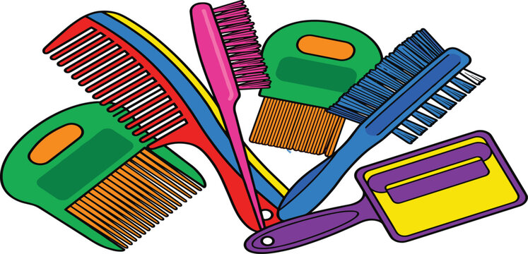 Colorful Hair Comb and Brush Vector Illustration Pile Featuring Vibrant Stylized Salon Detangler Wide Tooth Comb Bristle Brush and Hair Care Accessoires For Grooming Graphic Designs